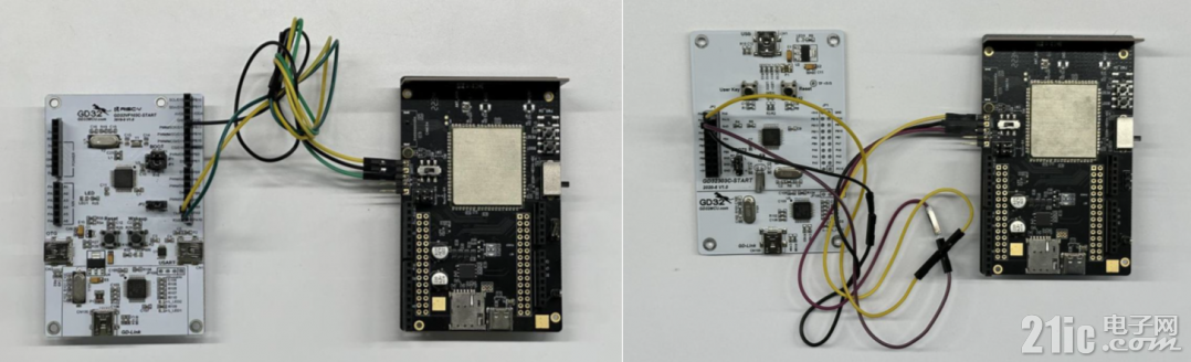 GD32F303C-START、GD32VF103C-START开发板分别与ADP L610 Arduino开发板进行串口连接